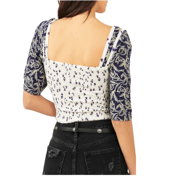 Free People Marigold Mix Print Smocked Top Navy Combo size S - Picture 6 of 6